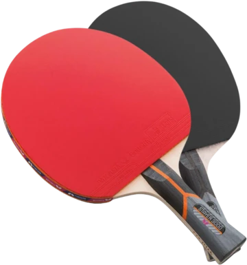 Two Butterfly rackets, one red side and one black side